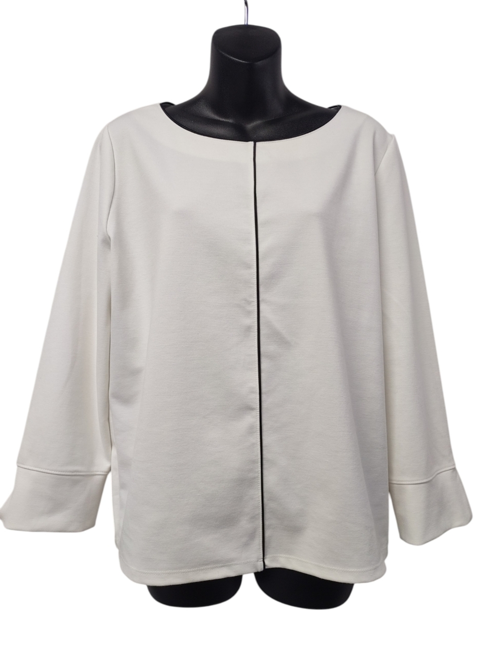 Banana Republic Ivory Cream Long Sleeve Top Black Piping Trim Crew Neck Size L